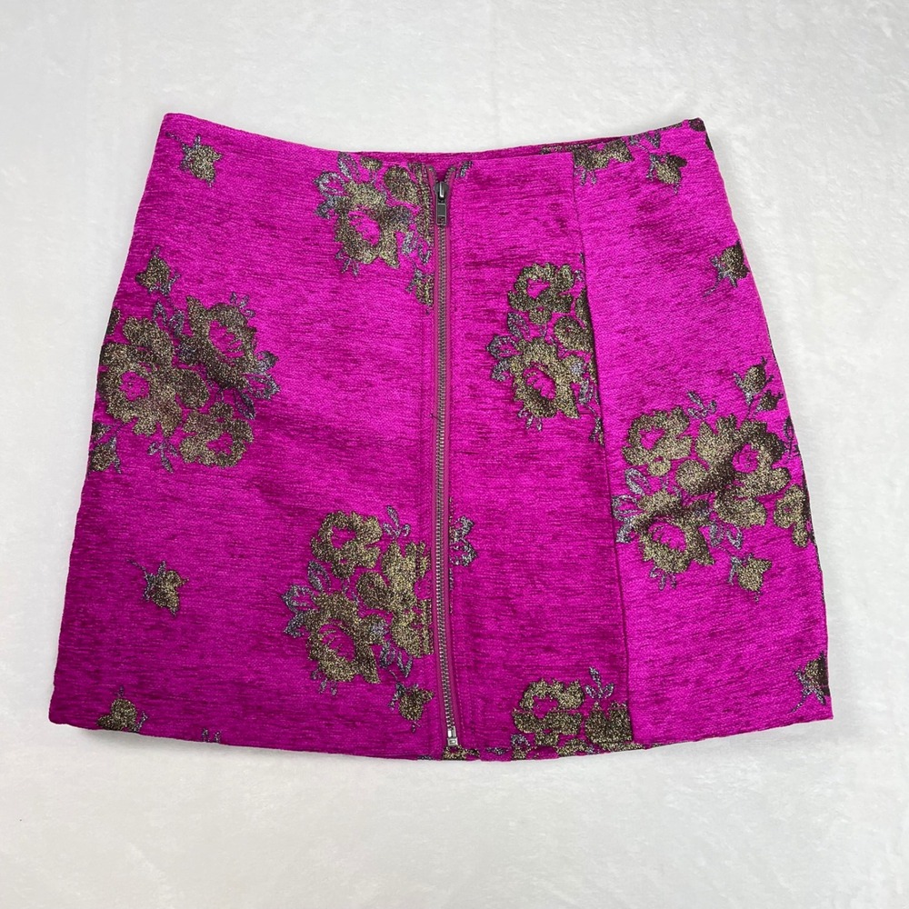 Free People Skirt Womens 6 Magenta Pink Gold Tapestry Floral Brocade Mini Zip